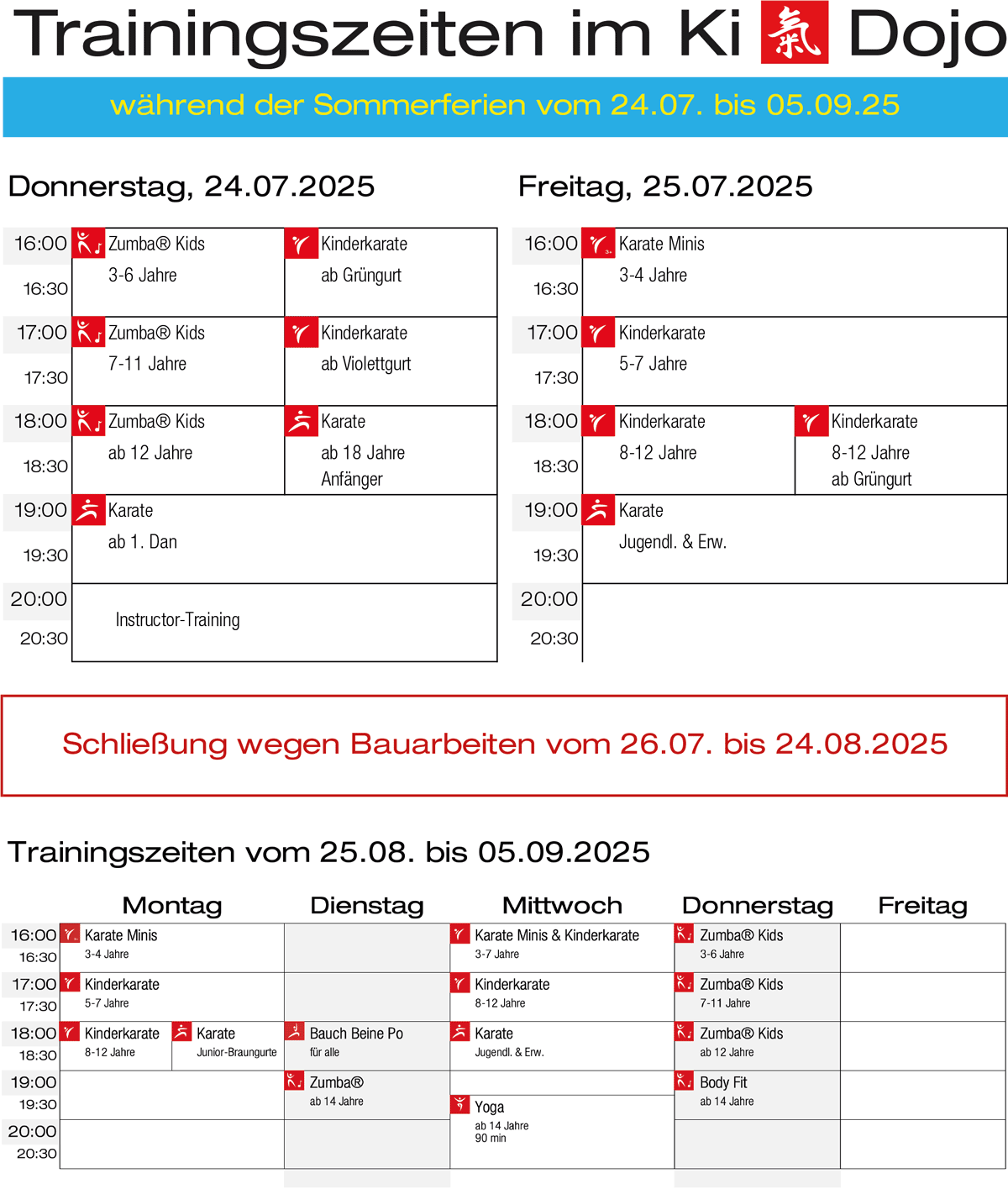 Ferientrainingszeiten Sommer 2025