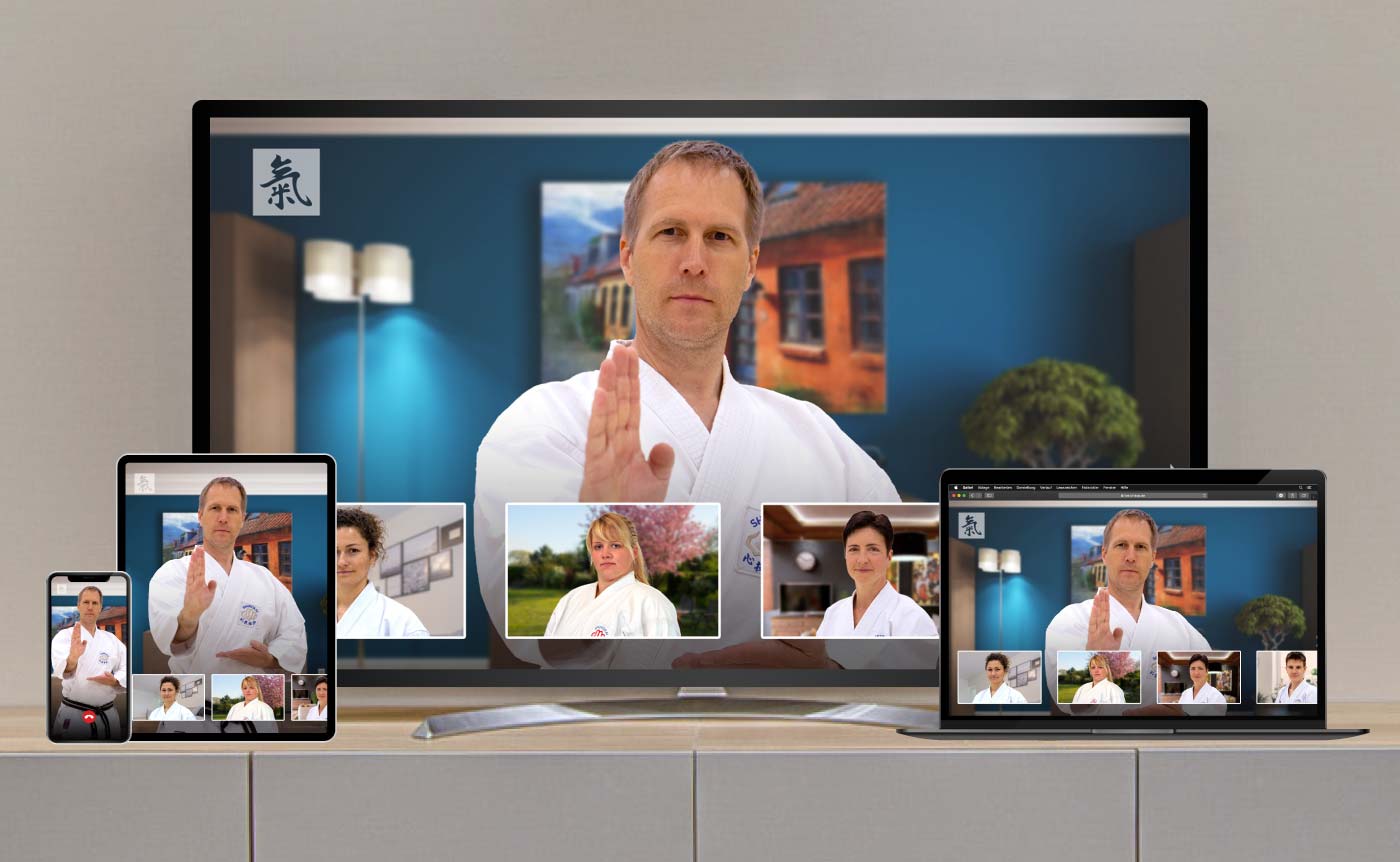 Karate-Ausbilder auf verschiedenen Endgeräten vom Fernseher über Notebooks und Tablets bis zu Smartphones